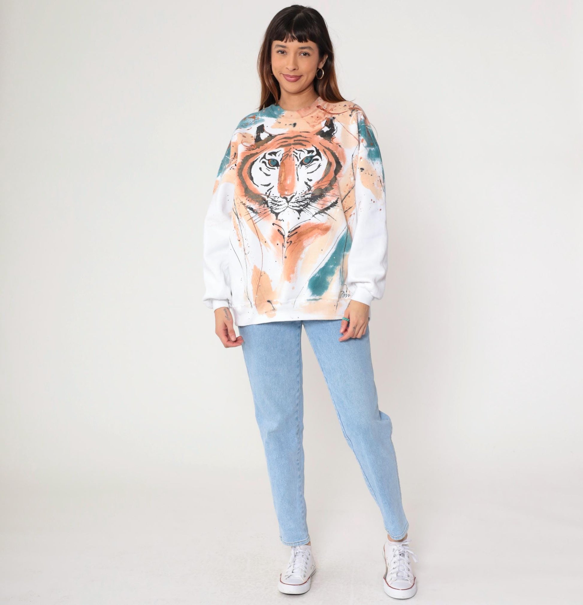 80s Hand-Painted Tiger Sweatshirt Metallic Glitter White Graphic Jumper Large L