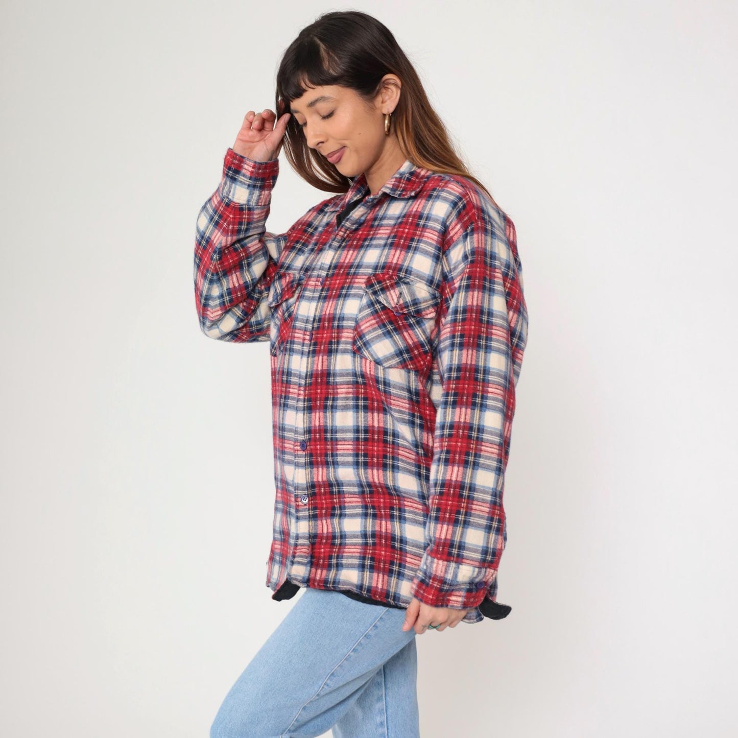 90s Dickies Plaid Insulated Overshirt Red White Blue Quilted Flannel Large