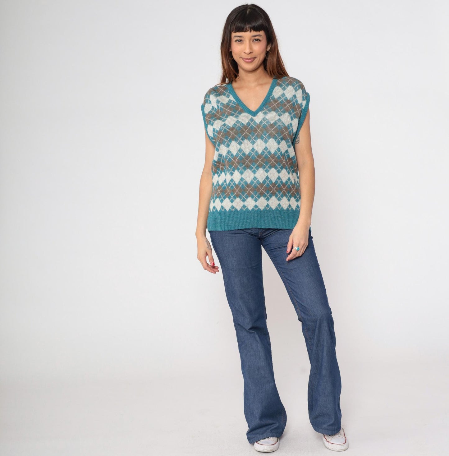 80s Turquoise Argyle Wool Acrylic Knit Vest V-Neck Sleeveless Large L