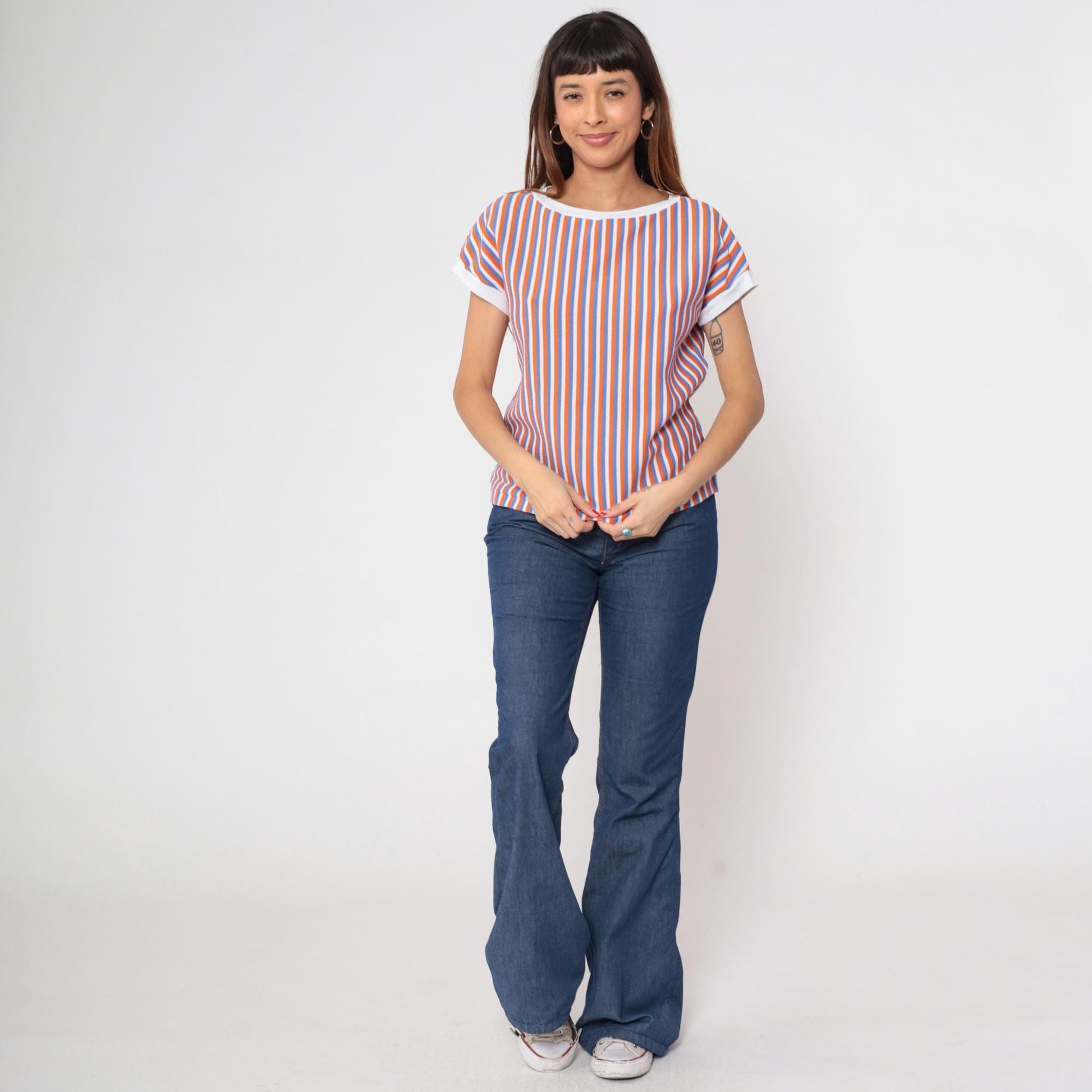 80s Striped Ringer Tee White Orange Blue Cap Sleeve Shirt Medium