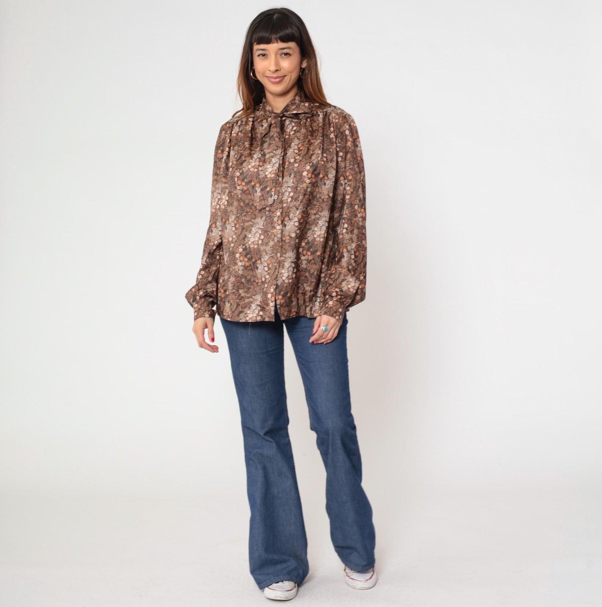 70s Brown Floral Ascot Blouse Button-Up Long Sleeve Large L