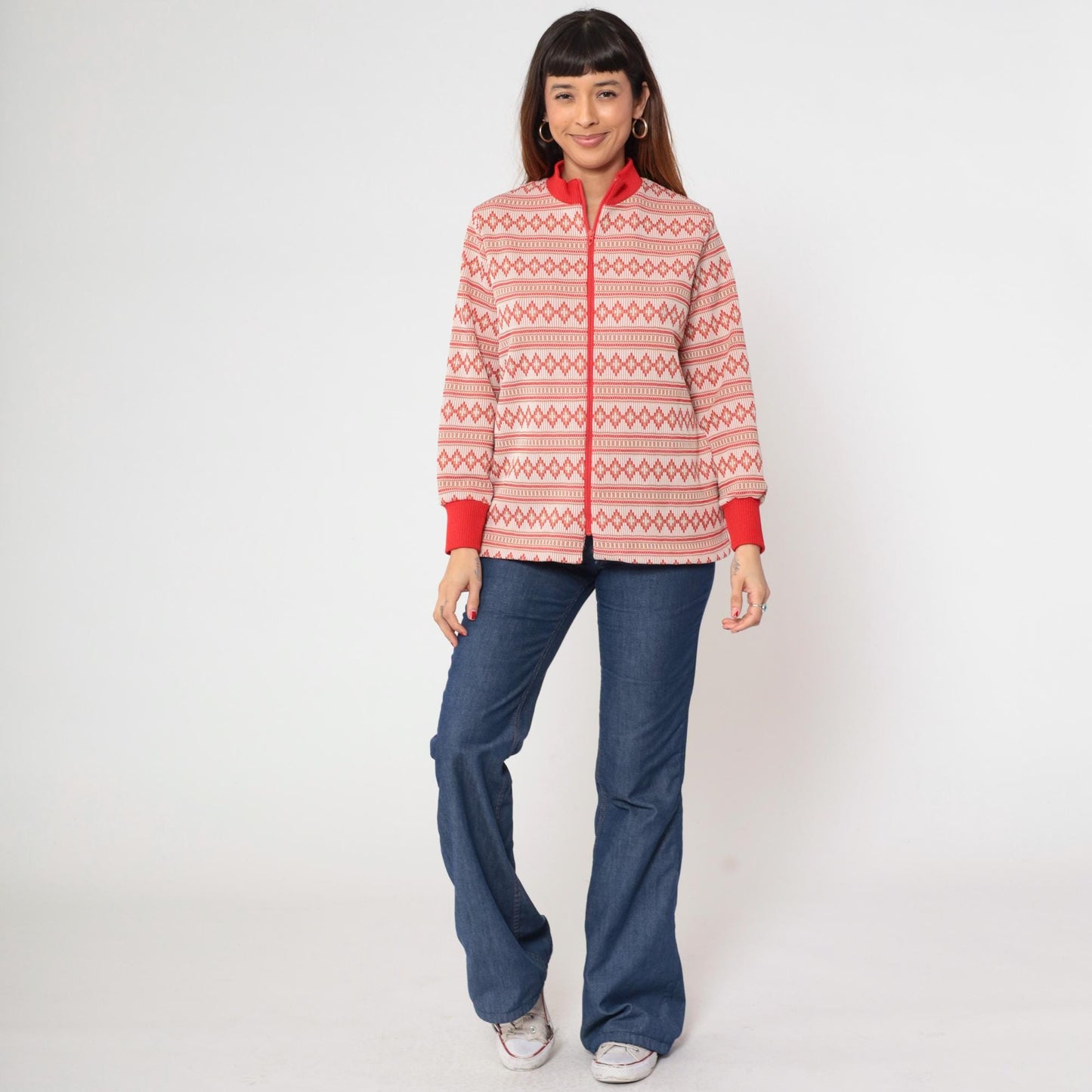 70s Geometric Striped Zip-Up Blouse Red Mock Neck Long Sleeve Large