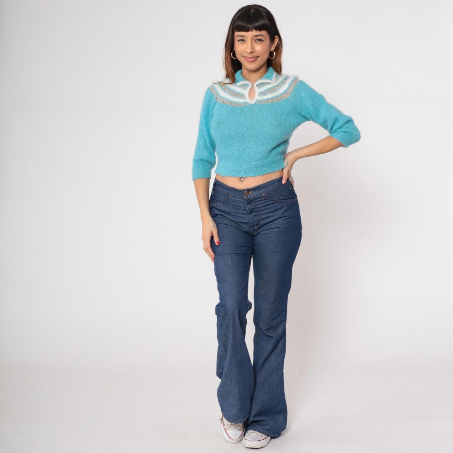 80s Blue Cropped Knit Sweater Keyhole Neckline Openwork Pullover Extra Small