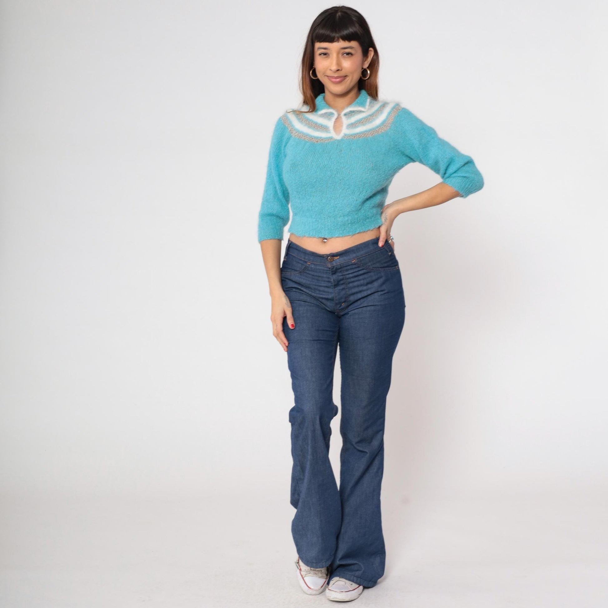 80s Blue Cropped Knit Sweater Keyhole Neckline Openwork Pullover Extra Small