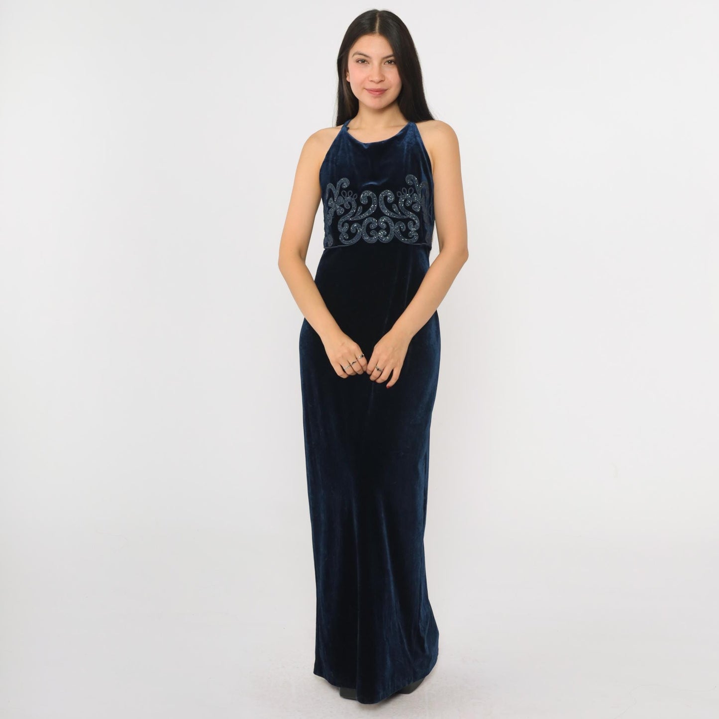 90s Blue Velvet Maxi Dress Spaghetti Strap Glitter Soutache Medium