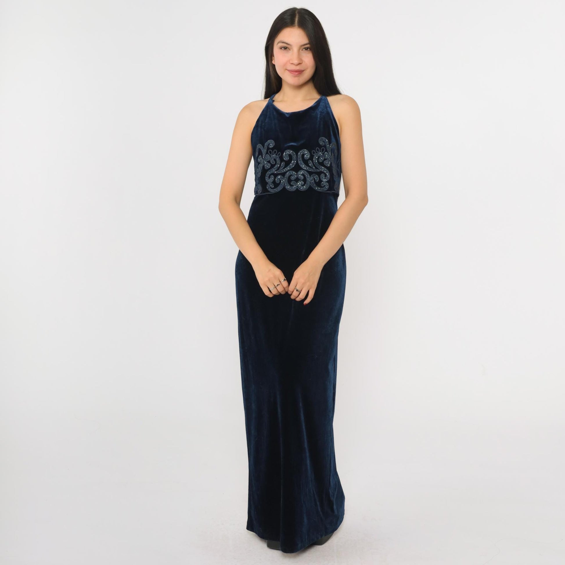 90s Blue Velvet Maxi Dress Spaghetti Strap Glitter Soutache Medium