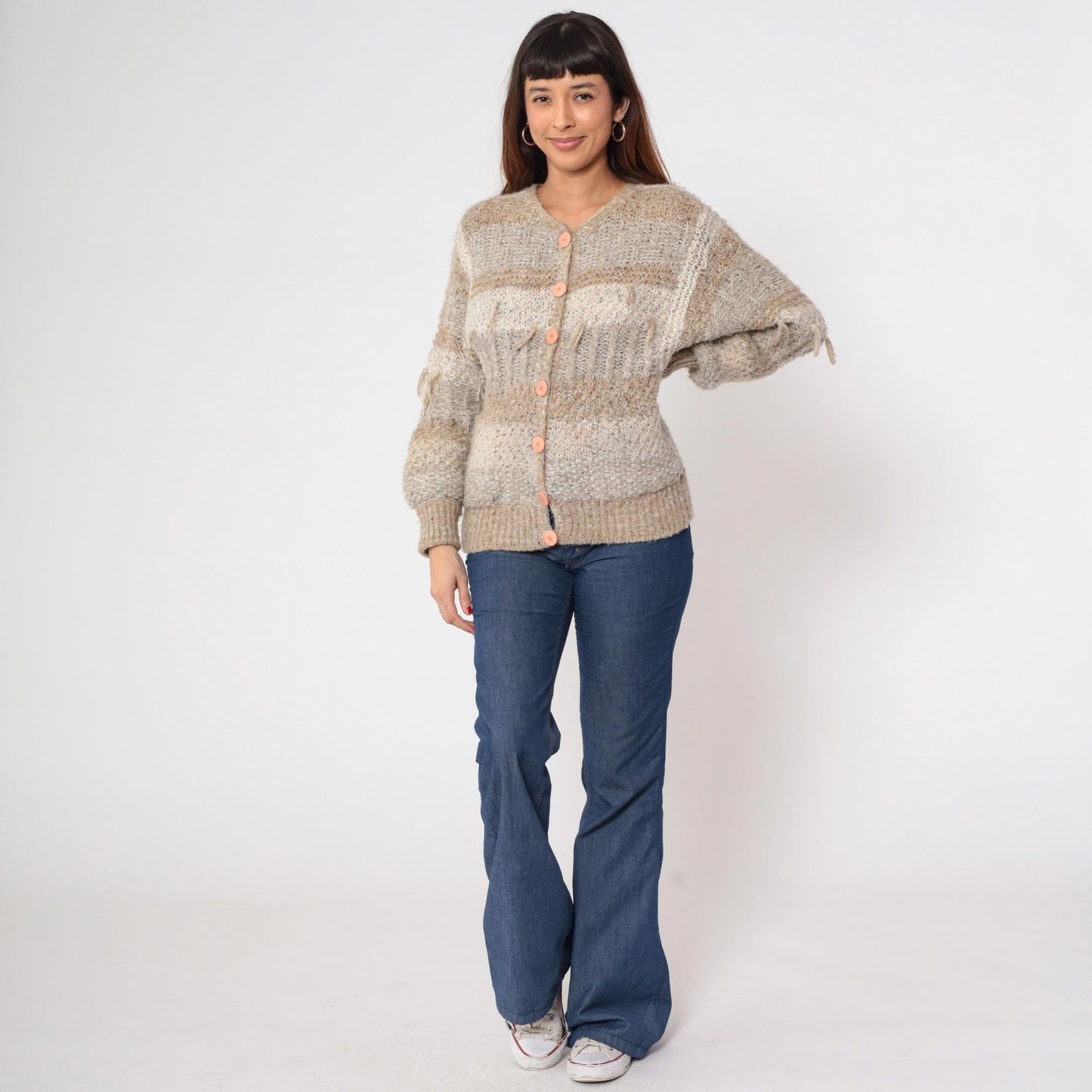 80s Sideffects Striped Cardigan Tan Grey Fringe Knit Small