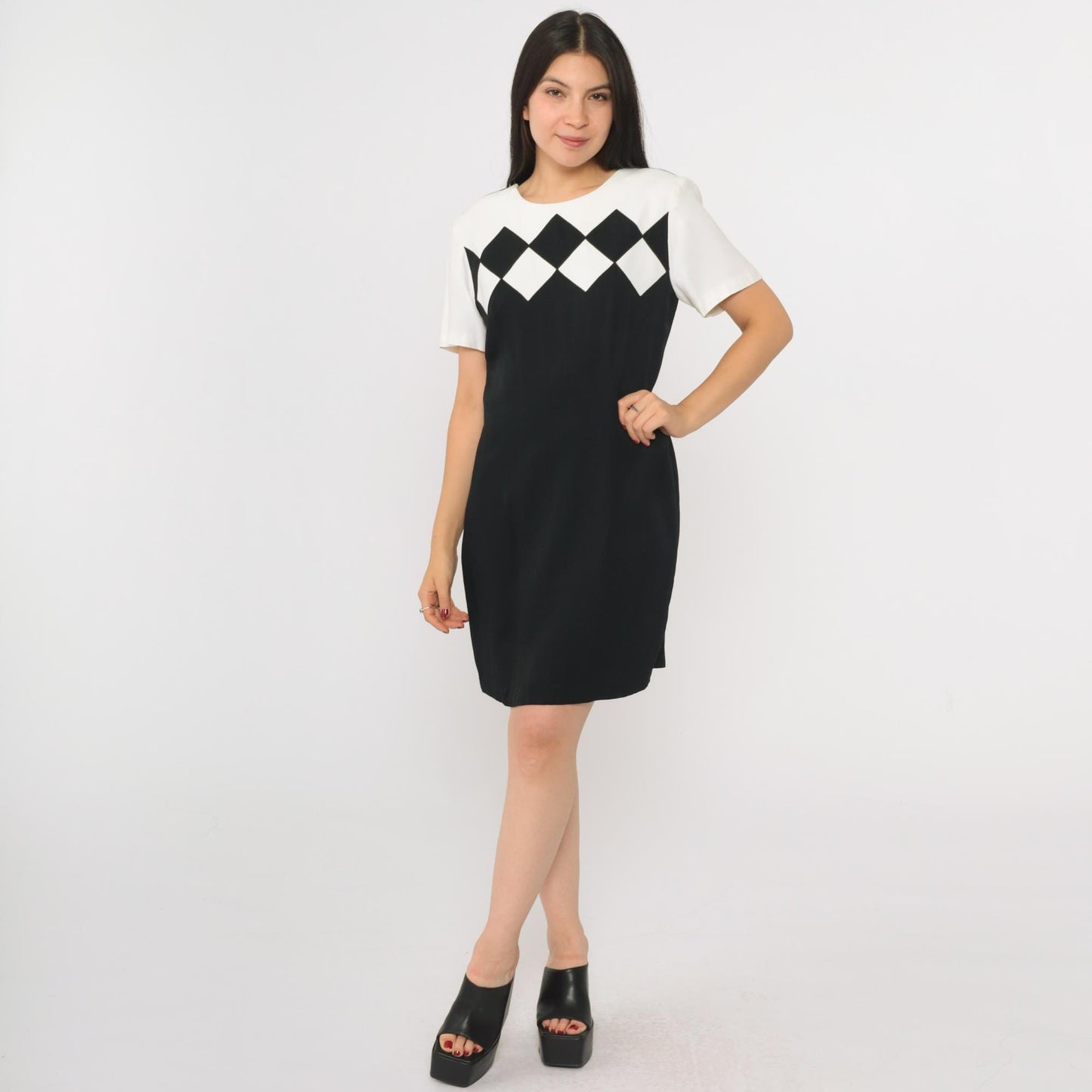 90s Black White Checkered Color Block Shift Minidress Small 4