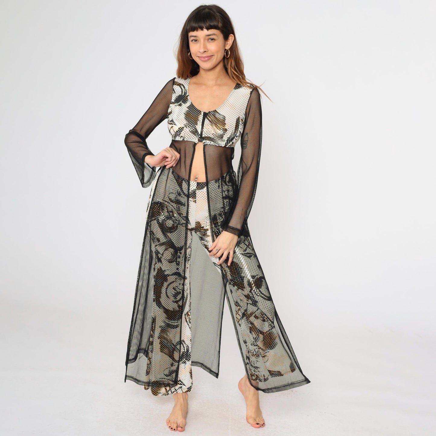 Y2K Metallic Dot Two Piece Jumpsuit Set Black Mesh Crop Jacket Flared Pants Small