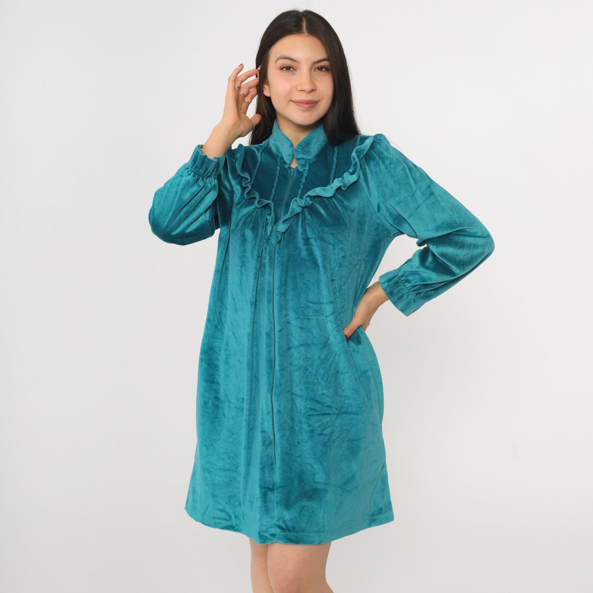 80s Lara Dee Velour Lounge Dress Teal Ruffled Yoke Zip Puff Sleeve Mini Medium