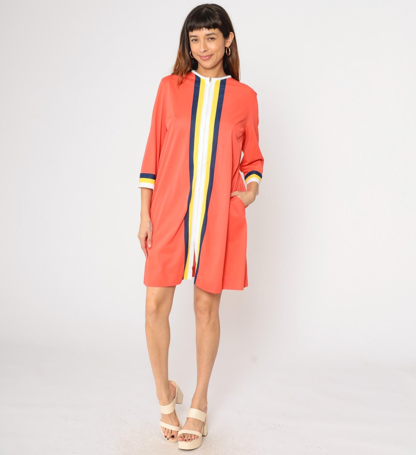 70s Gossard Artemis Orange Striped Nylon Nightgown Zip Front Mini Medium M