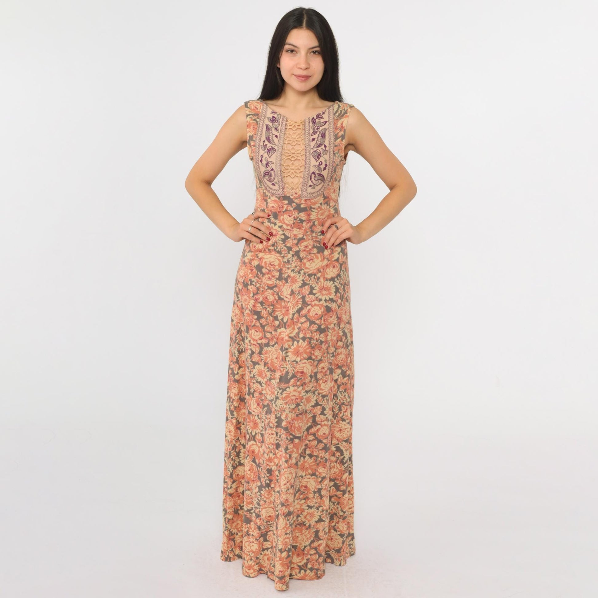 70s Floral Maxi Dress Embroidered Birds Keyhole Lace Sleeveless Grey Orange Extra Small