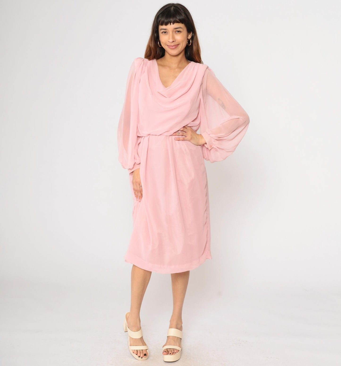 80s Susan Howard California Pink Chiffon Cowl Neck Midi Dress Medium M