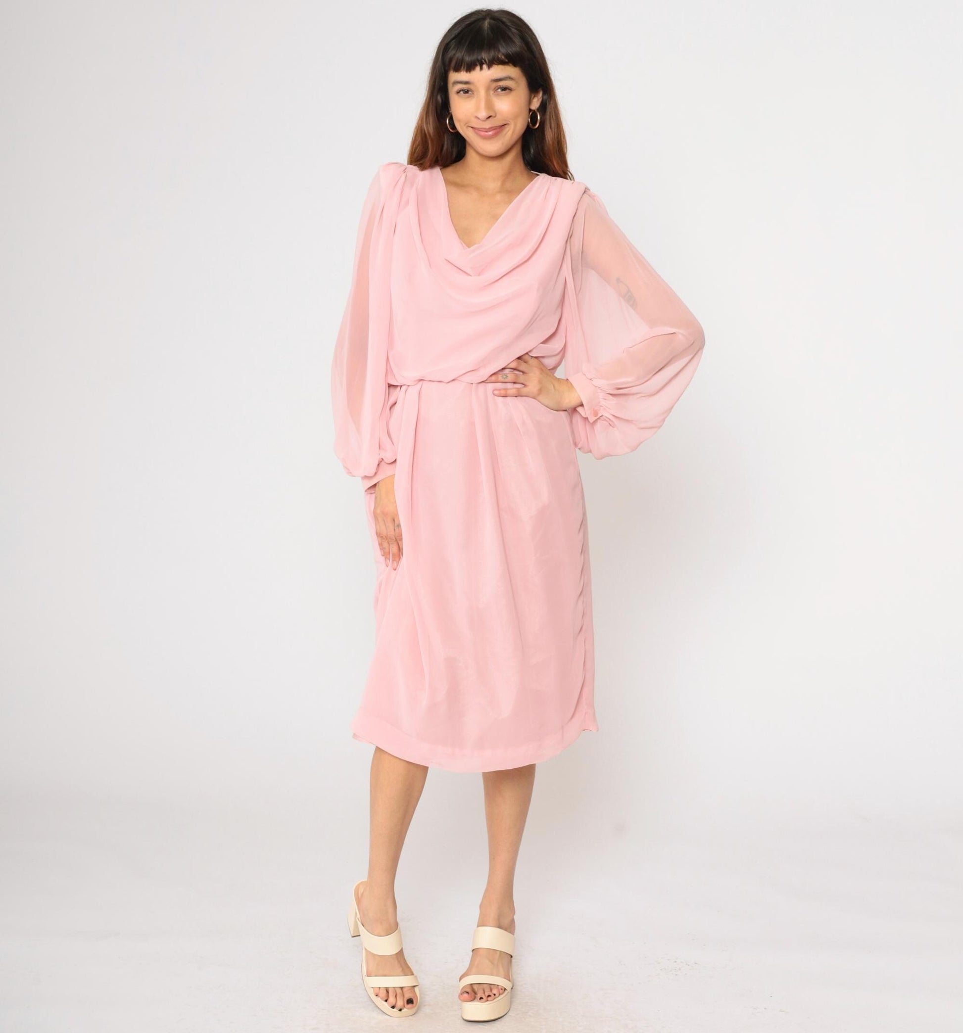 80s Susan Howard California Pink Chiffon Cowl Neck Midi Dress Medium M