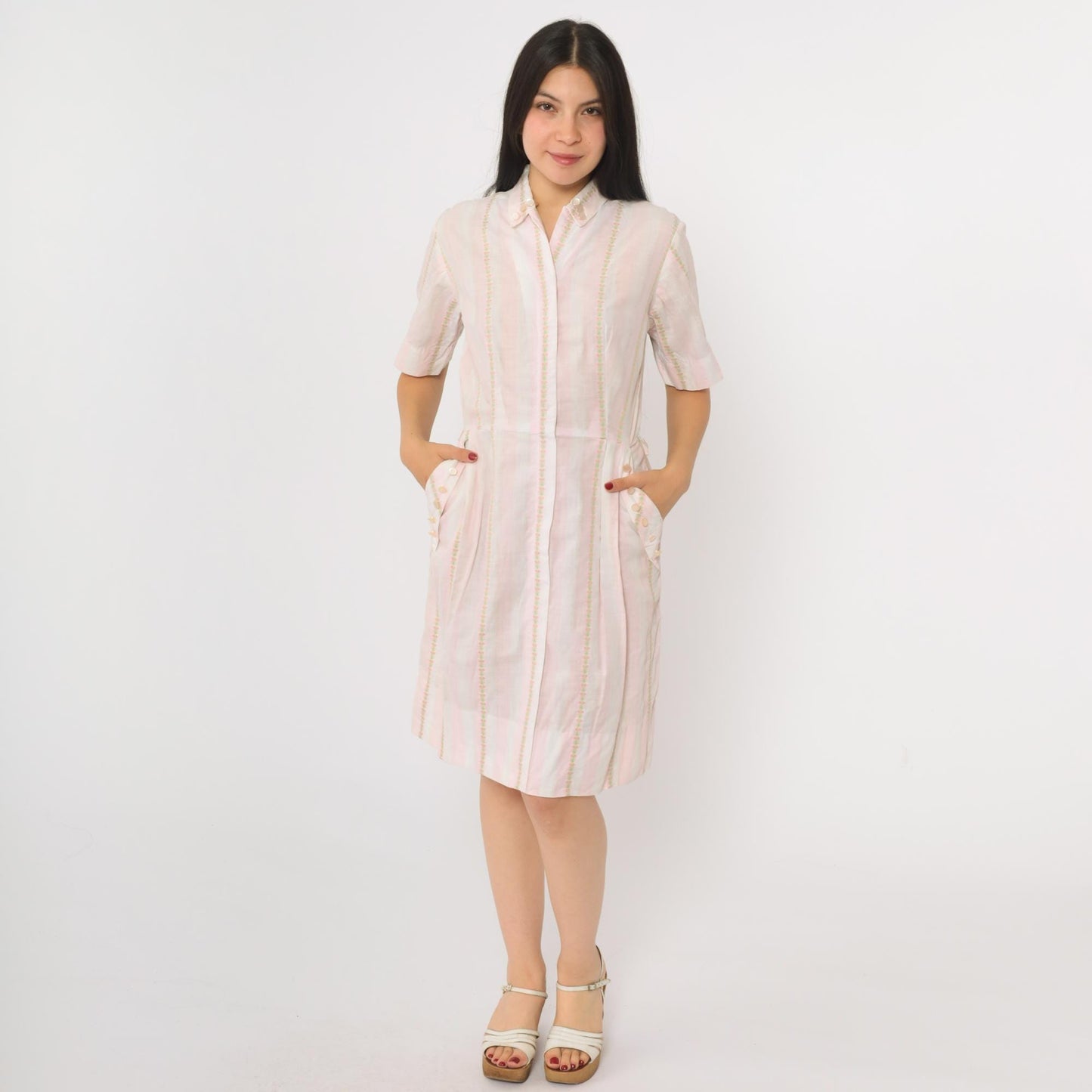 60s Pink White Striped Cotton Dress High Waist Zip Front Pockets Small