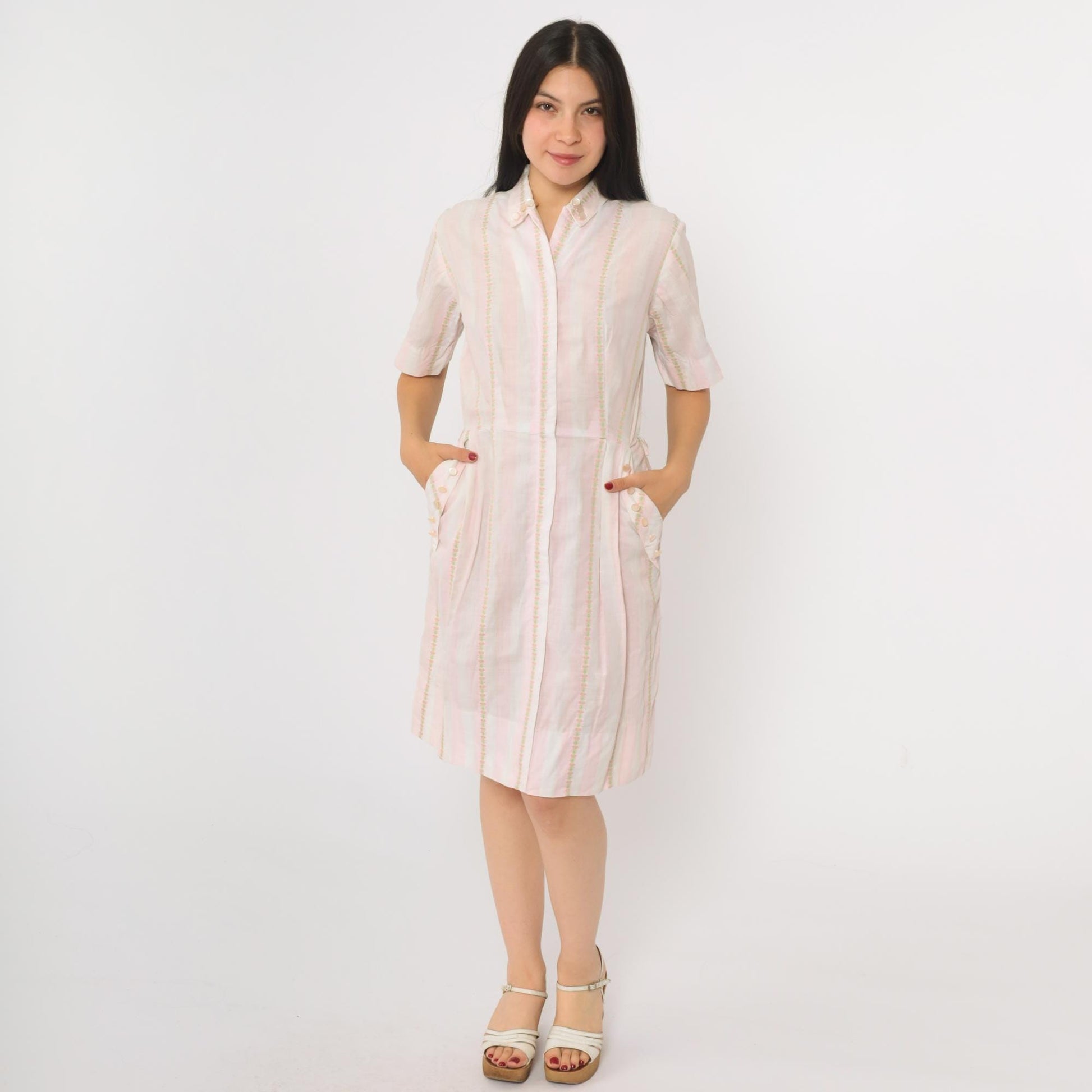 60s Pink White Striped Cotton Dress High Waist Zip Front Pockets Small