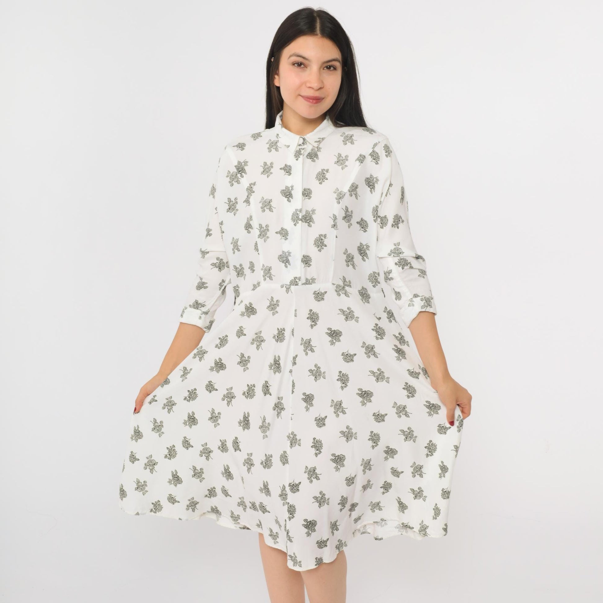 90s White Floral Button-Up Shirtdress Knee Length 3/4 Sleeve Small