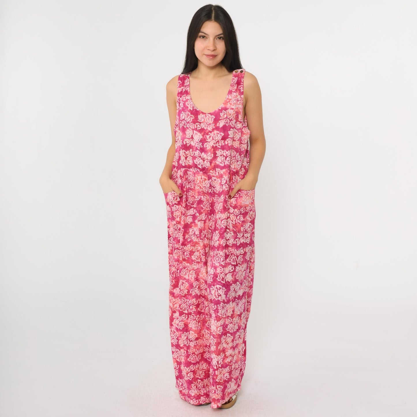 90s April Cornell Pink Tie Dye Floral Wide Leg Jumpsuit Scoop Neck Medium M