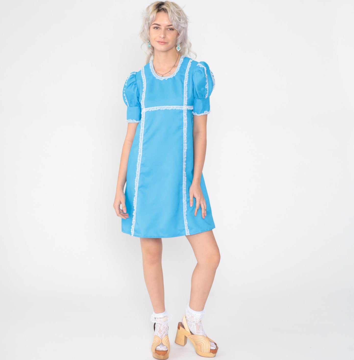 60s Babydoll Mini Dress Puff Sleeve Blue Lace Trim Empire Waist Small