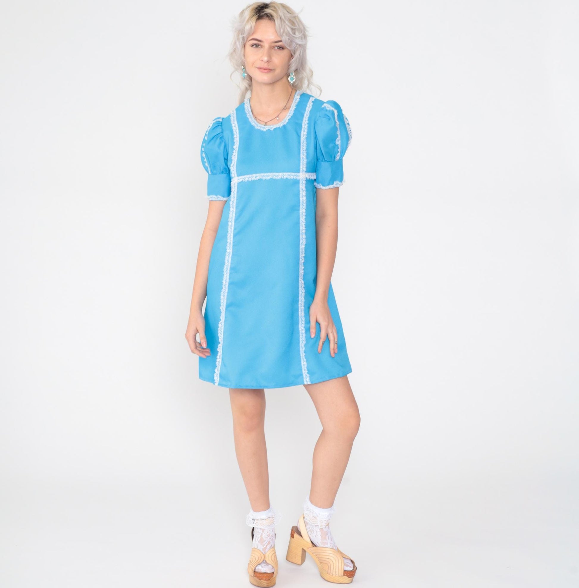 60s Babydoll Mini Dress Puff Sleeve Blue Lace Trim Empire Waist Small