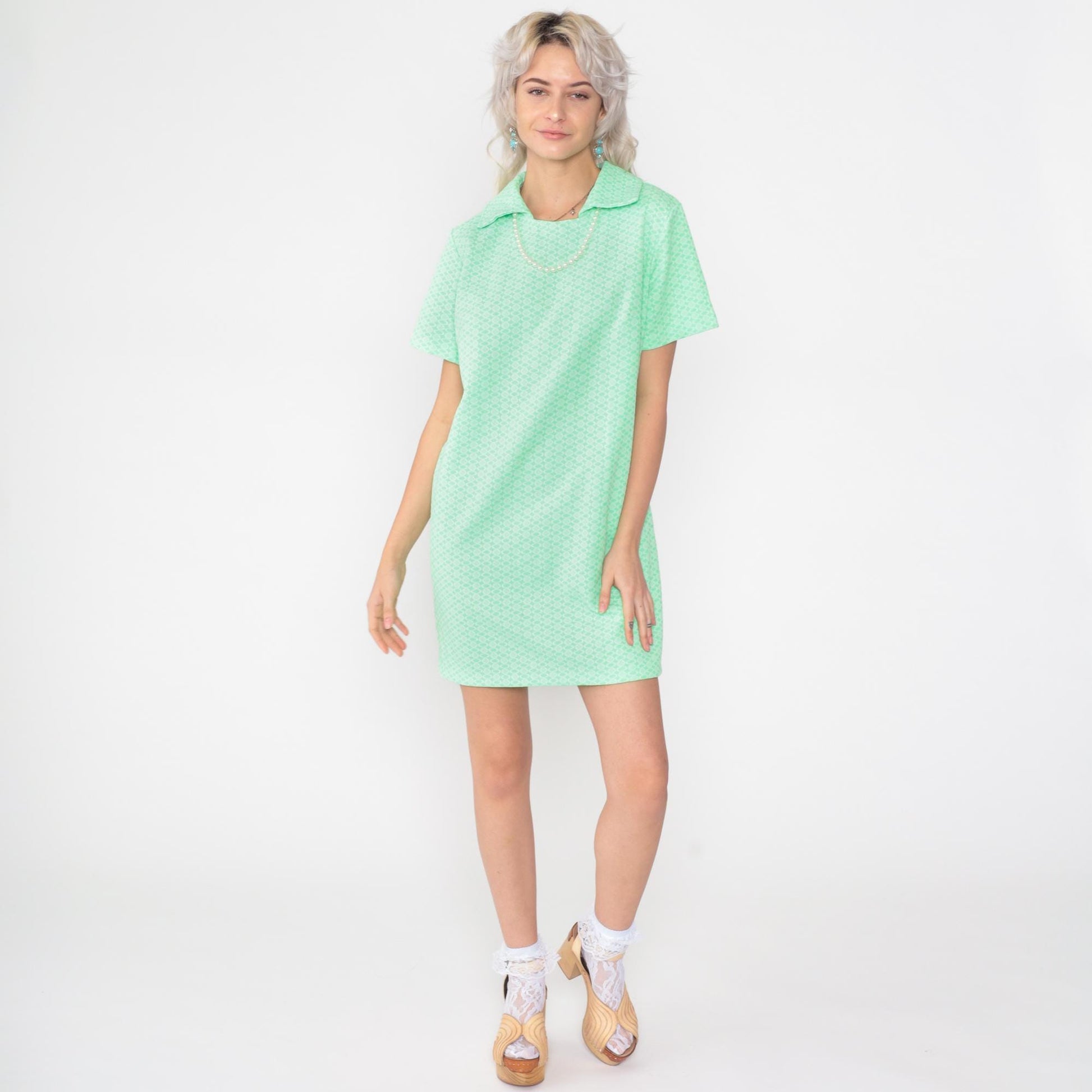 60s Mod Mini Dress Green Geometric Print Shift Short Sleeve Medium Large