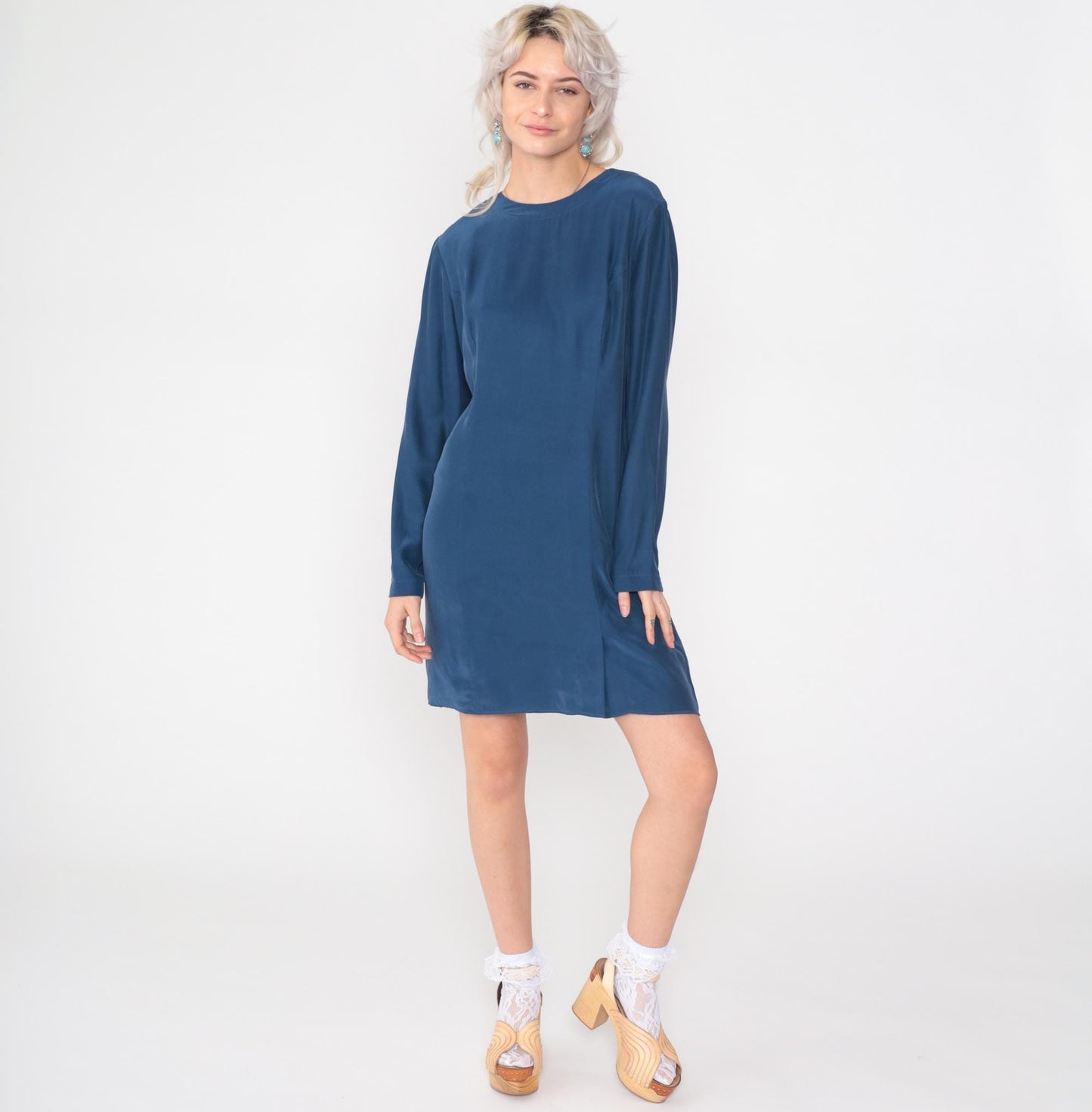 90s Maggy London Dark Blue Silk Mini Dress Long Sleeve Sheath Medium 8