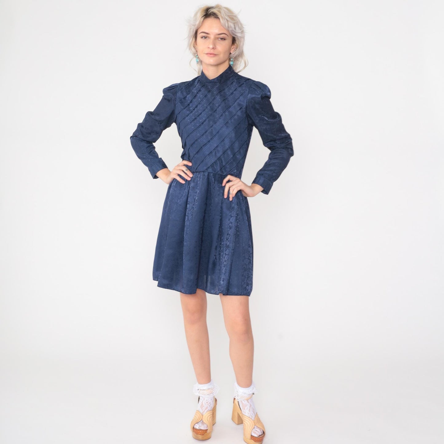 80s Navy Floral Jacquard Mini Dress Mock Neck Puff Sleeve High Waist Small