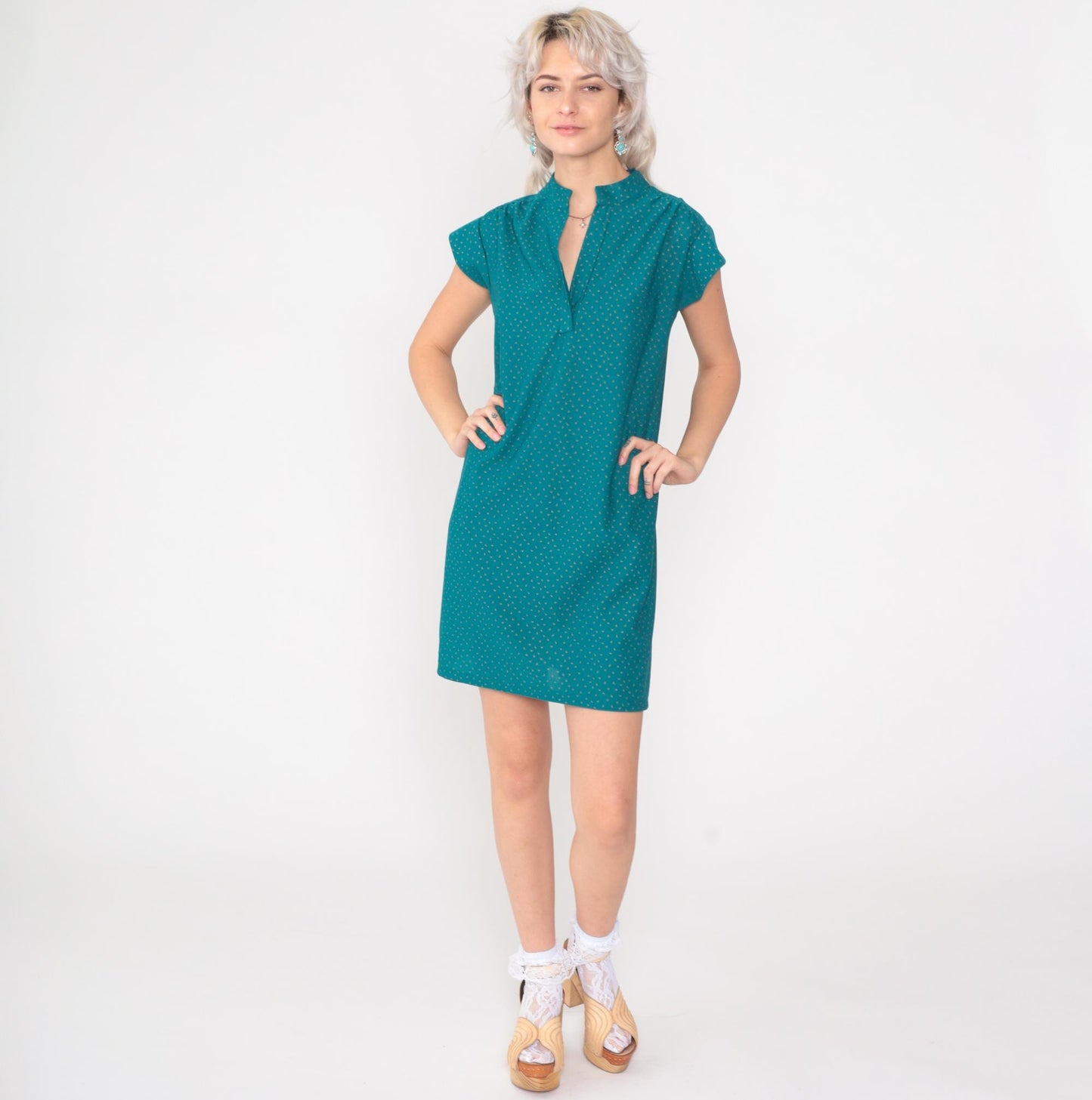 80s Teal Gold Confetti Dot Mini Shift Dress Cap Sleeve V-Neck Medium