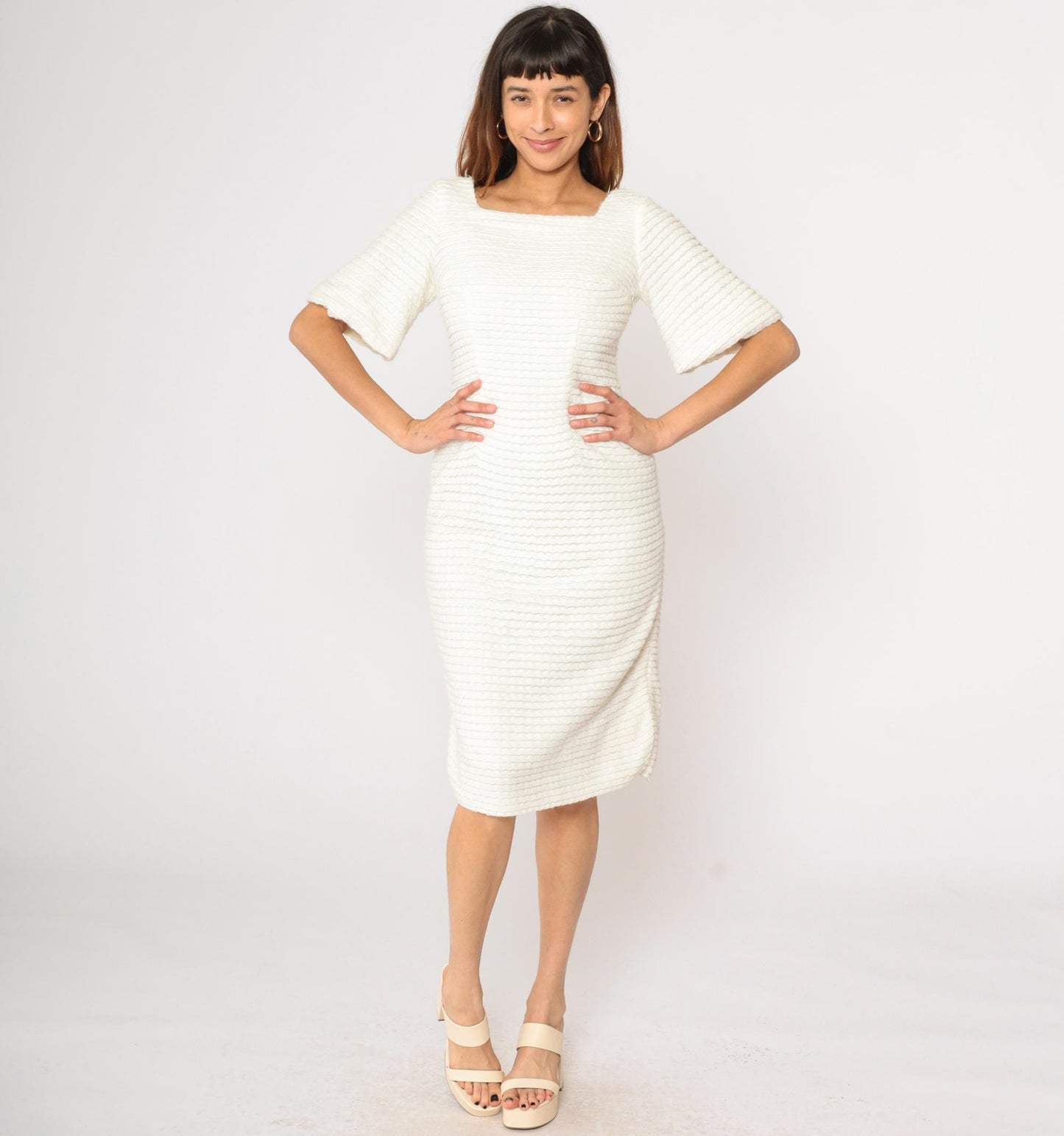 60s White Textured Knit Dress Square Neck Puff Sleeve Sheath Midi Small