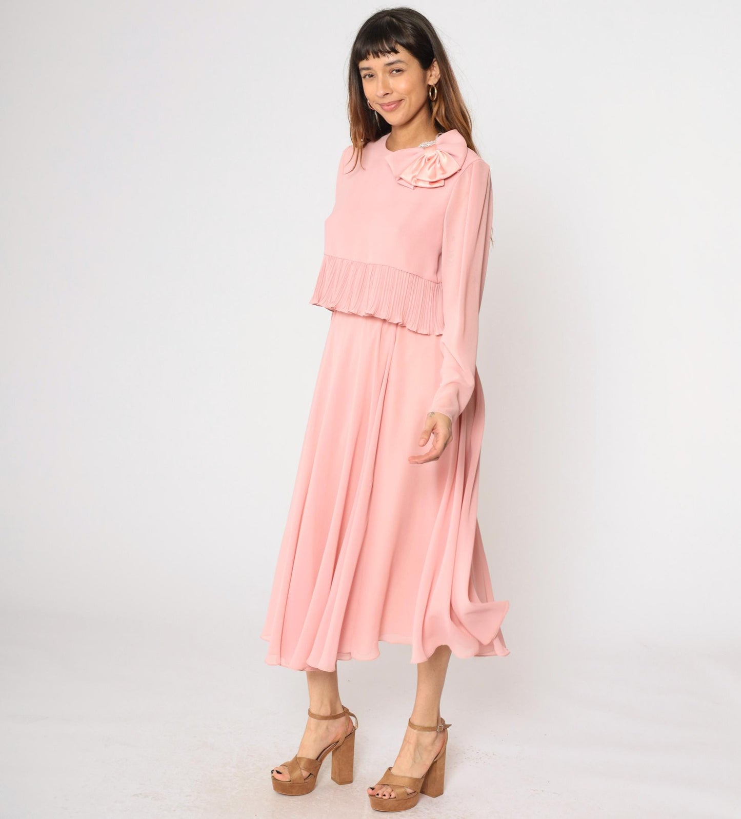 80s Ursula of Switzerland Pink Chiffon Midi Dress Puff Sleeve Bow Medium