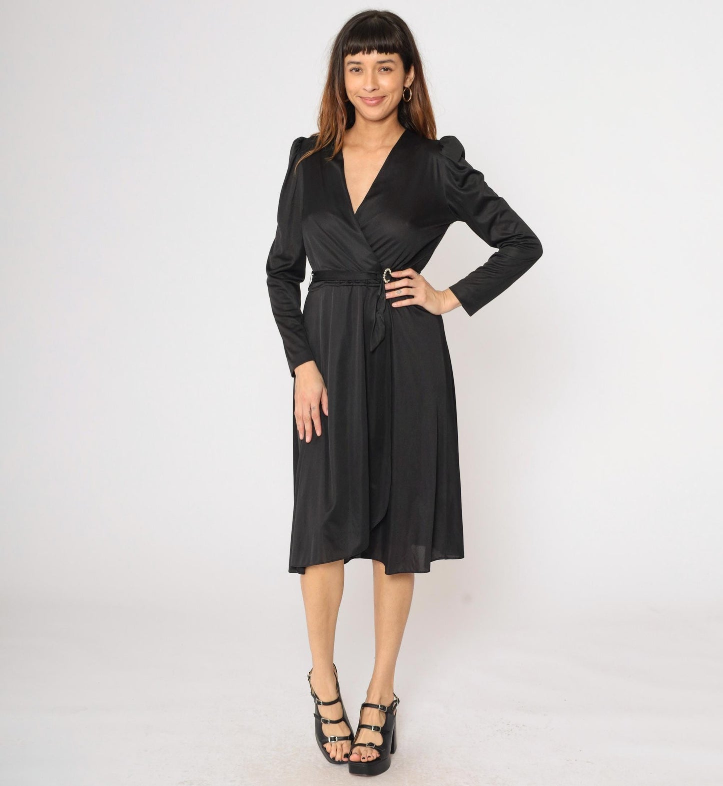 70s Black Wrap Dress Puff Sleeve Deep V Midi High Waist Rhinestone Belt Small