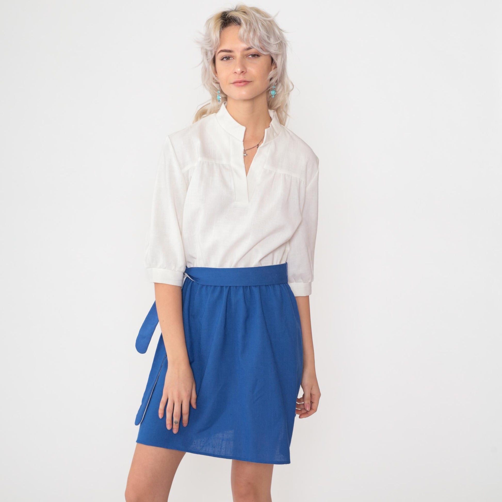 80s Two-Tone Mini Dress Royal Blue White Color Block High Waist Medium M
