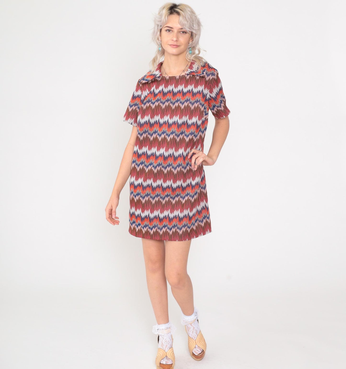 1960s Psychedelic Striped Mod Shift Dress Mini Orange Brown Blue Large