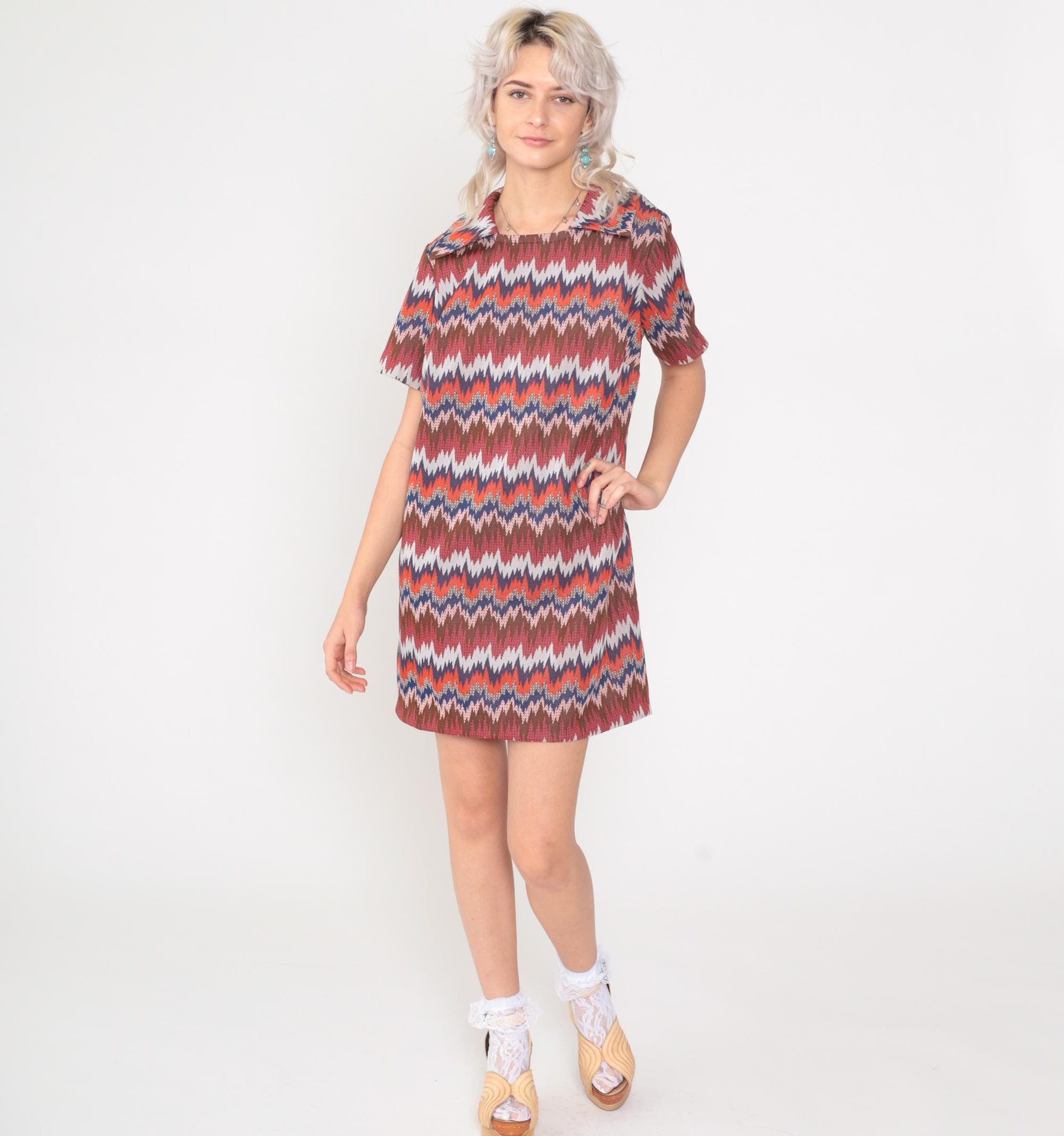 1960s Psychedelic Striped Mod Shift Dress Mini Orange Brown Blue Large