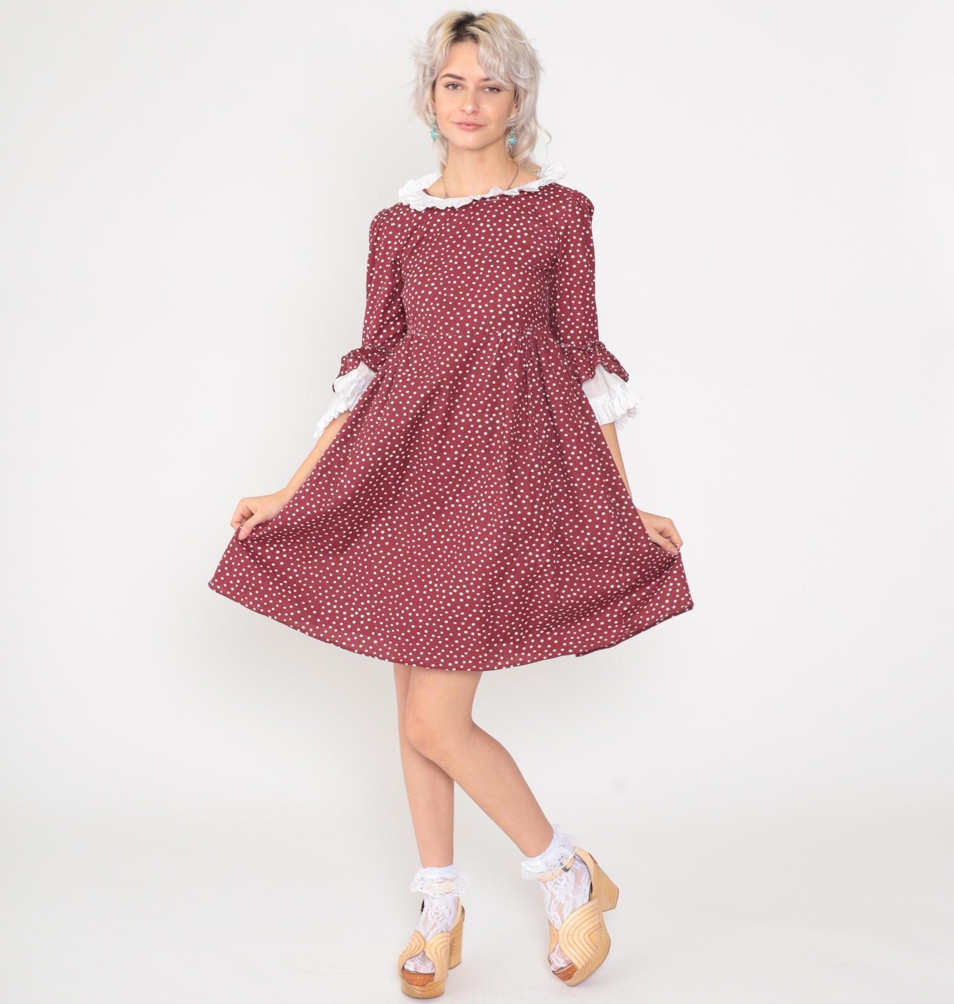 70s Burgundy Polka Dot Prairie Dress Puff Sleeve Ruffle Collar Mini Cotton Extra Small