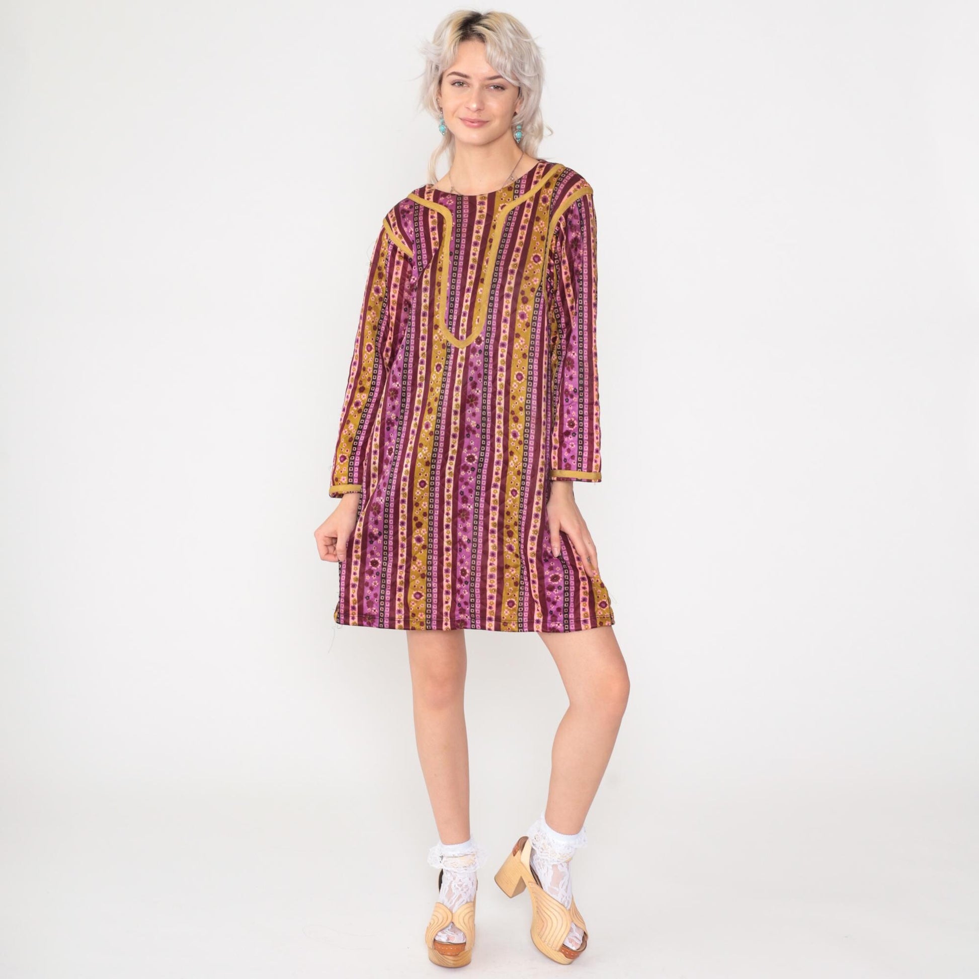 70s Quilted Floral Shift Dress Purple Mustard Striped Mini Small S