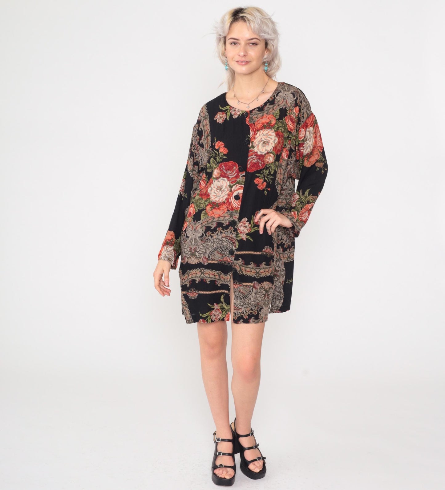 90s Frankly Feminine Floral Mini Dress Black Button-Up Shirtdress Medium