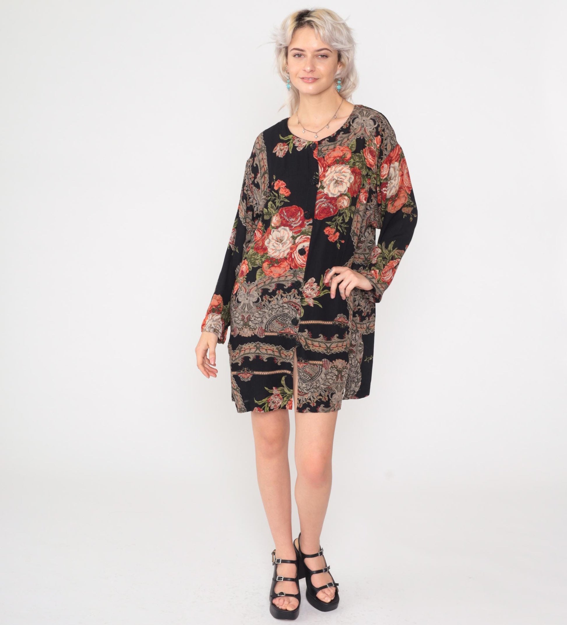 90s Frankly Feminine Floral Mini Dress Black Button-Up Shirtdress Medium