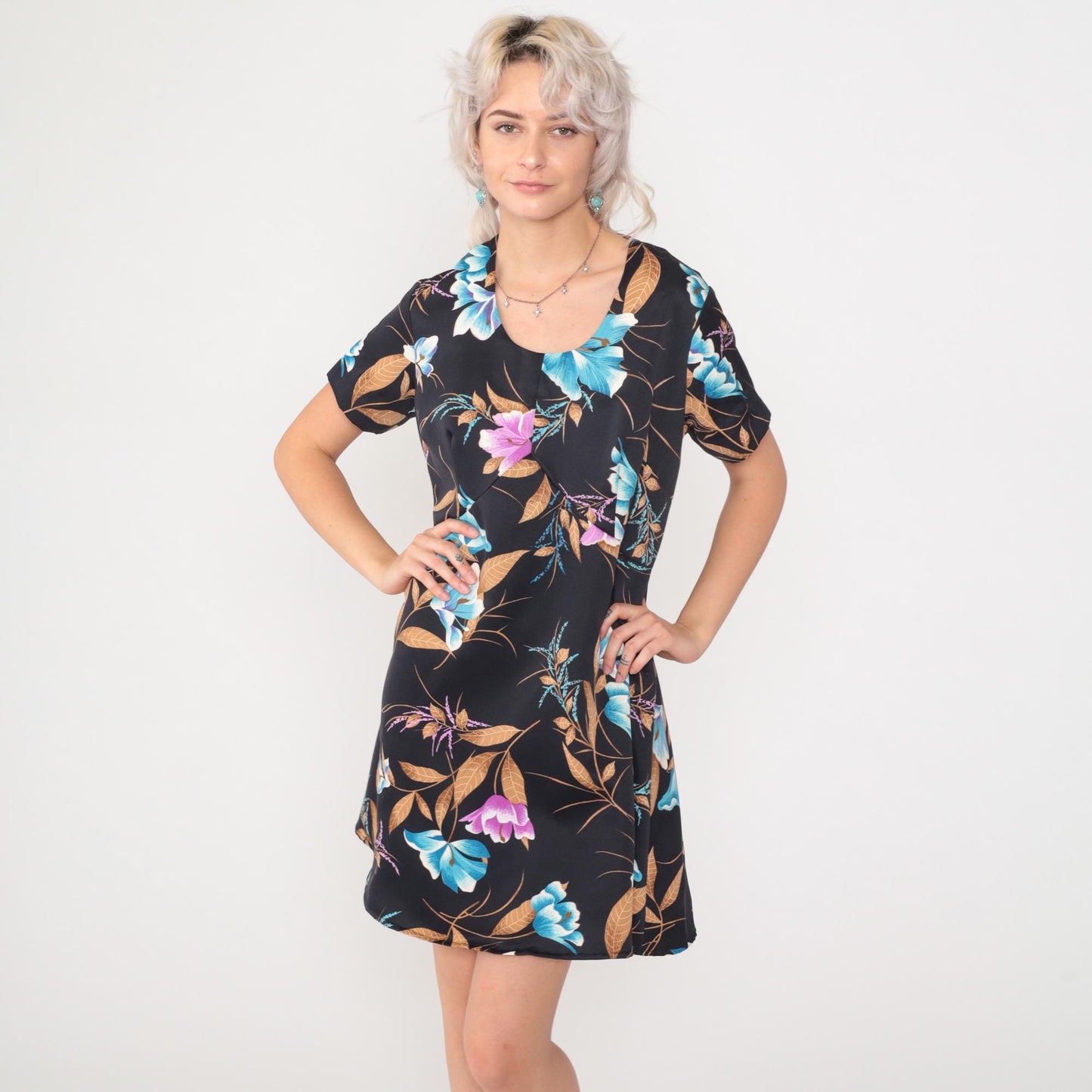 70s Tropical Floral Babydoll Dress Black Empire Waist Mini Scoop Neck Large
