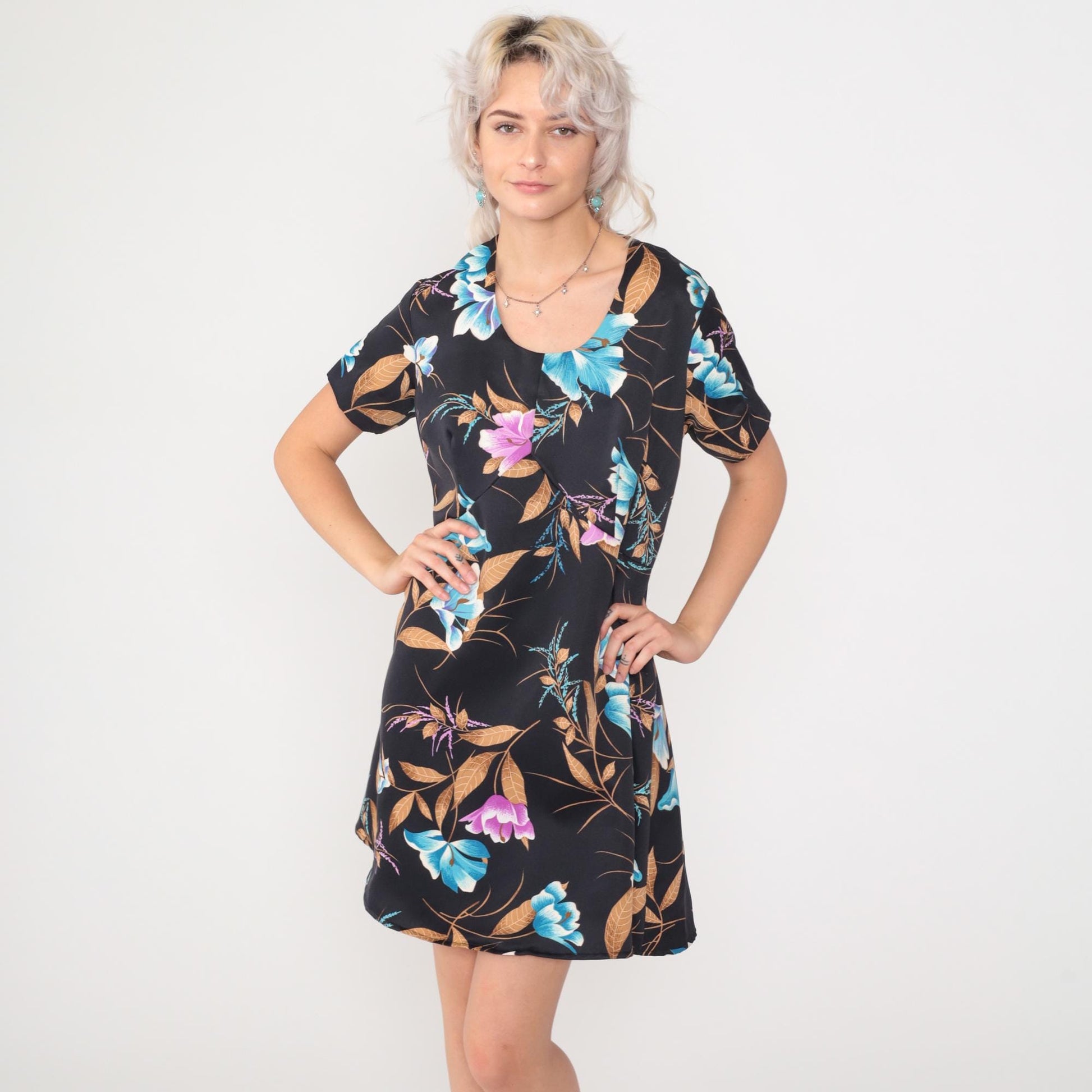 70s Tropical Floral Babydoll Dress Black Empire Waist Mini Scoop Neck Large