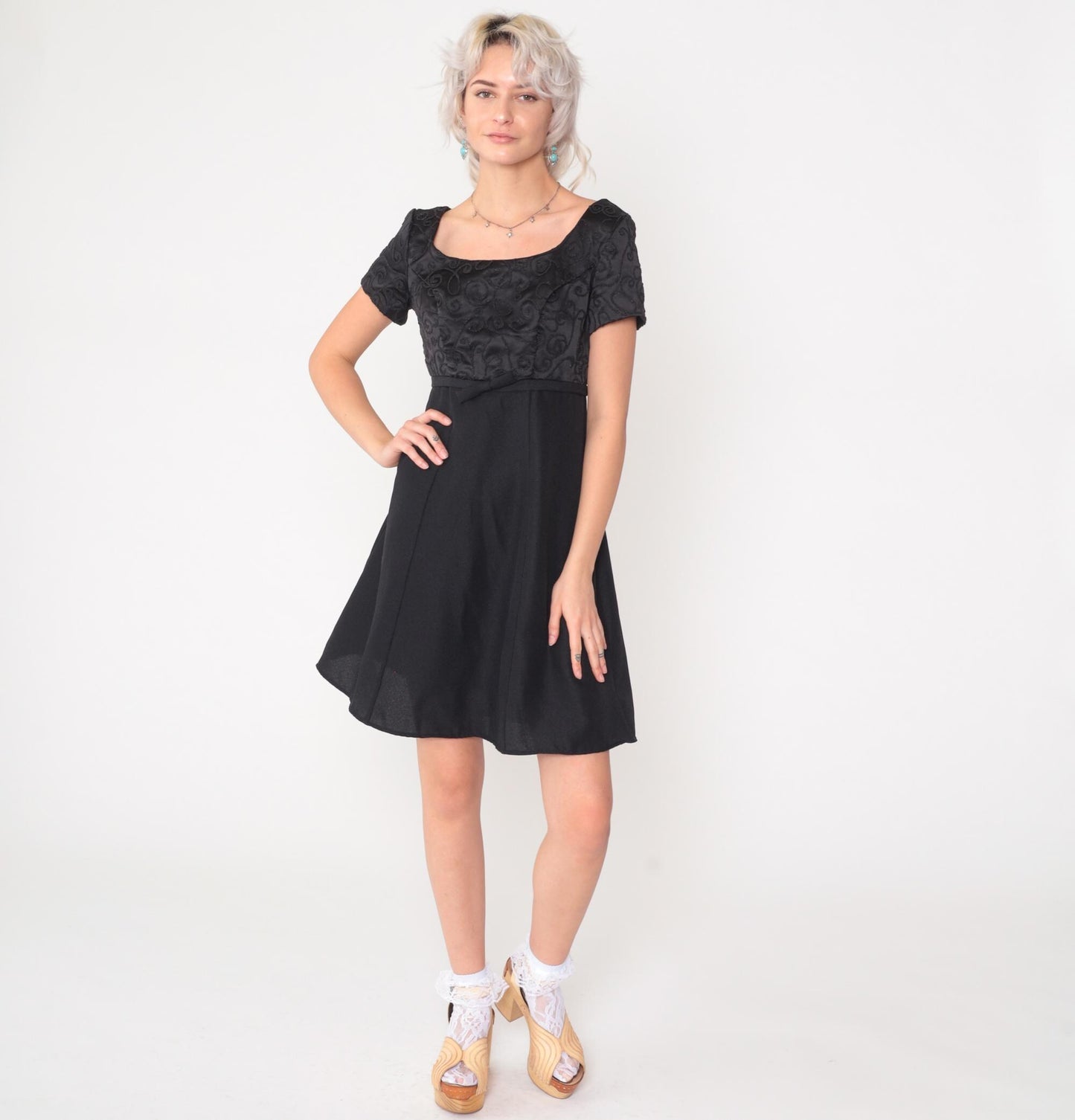90s Black Micro Beaded Satin Mini Dress Empire Waist Scoop Neck Small 4