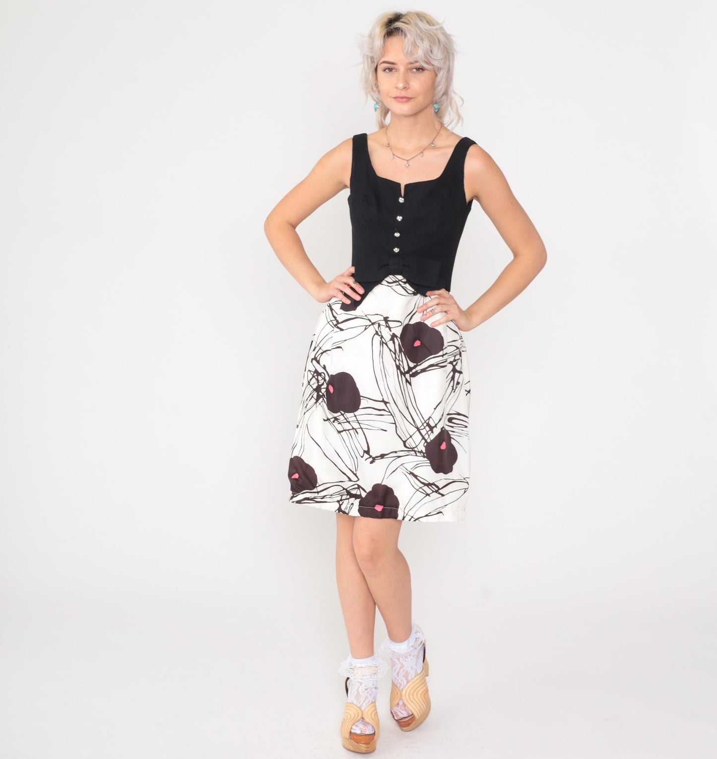 60s Black White Floral Mini Party Dress Bow Sleeveless A-Line Extra Small