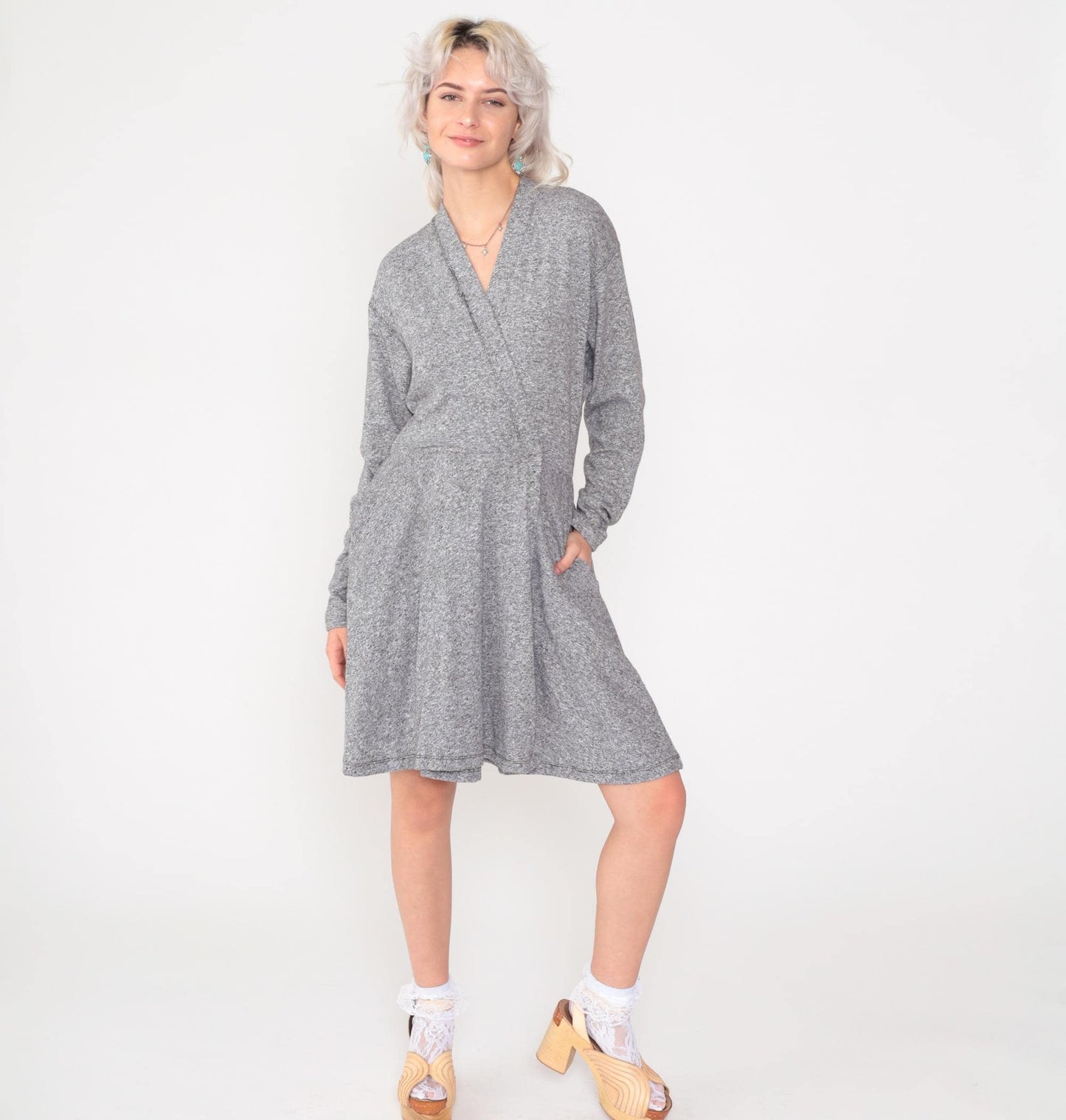 80s Grey Mini Wrap Dress V-Neck Dropped Armhole Long Sleeve Small