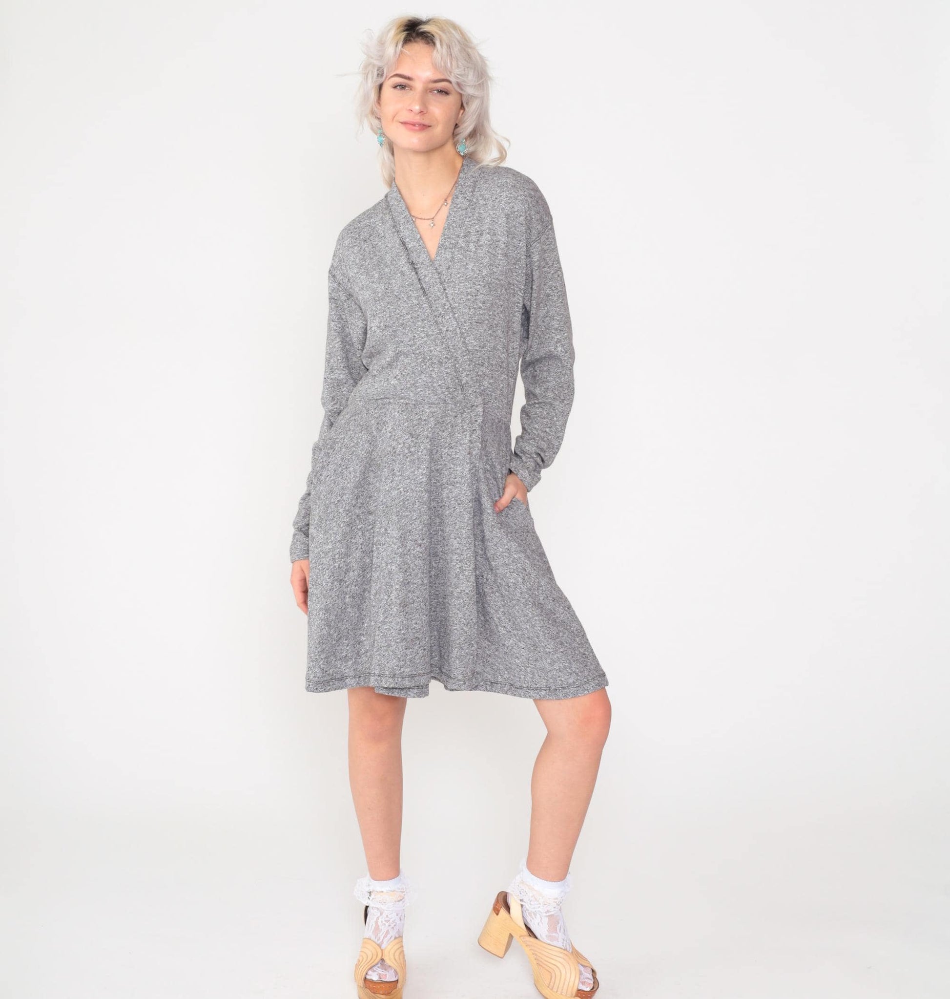 80s Grey Mini Wrap Dress V-Neck Dropped Armhole Long Sleeve Small