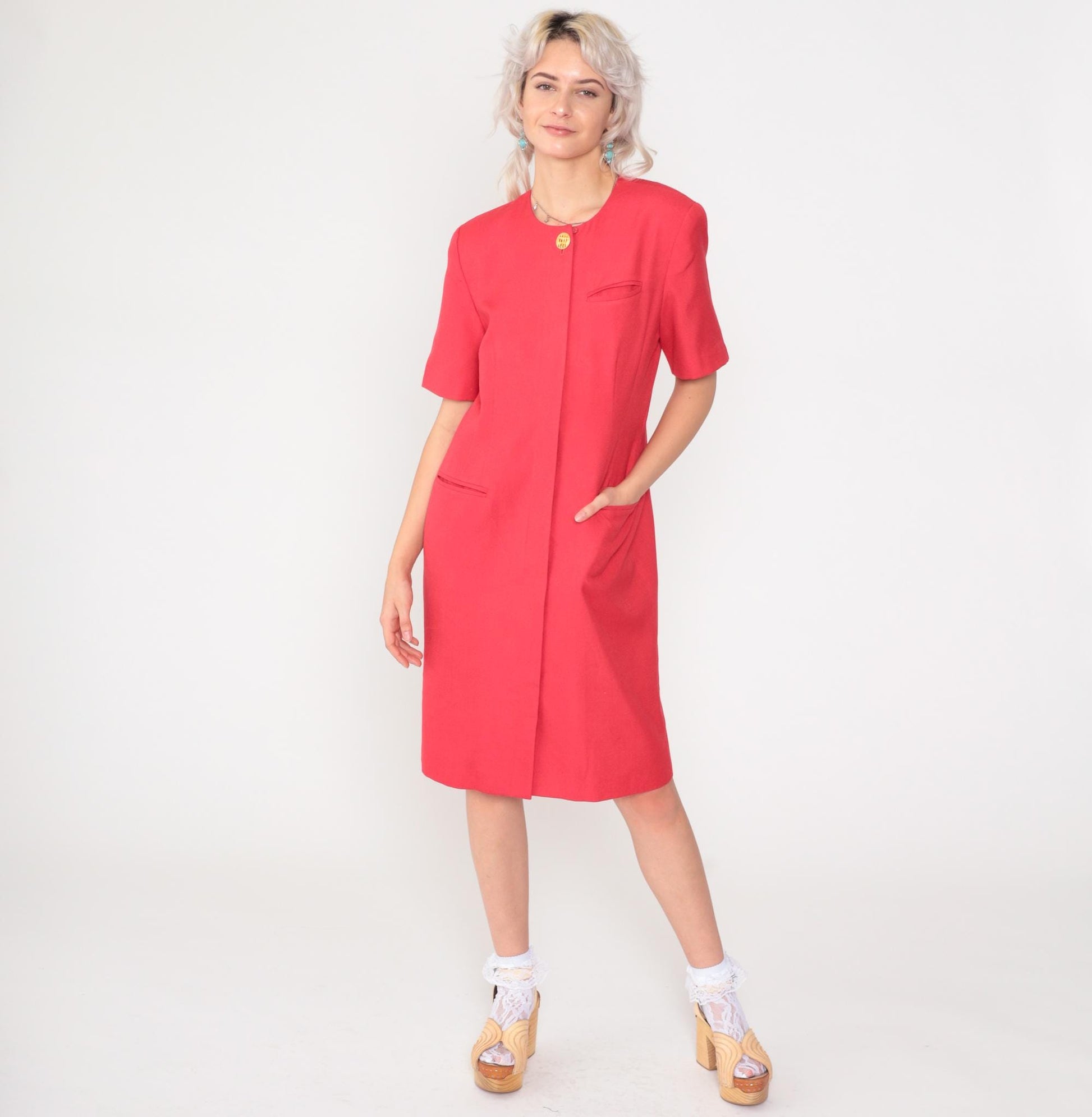 90s Kasper Red Button-Up Shirtdress Knee Length Short Sleeve Medium Petite