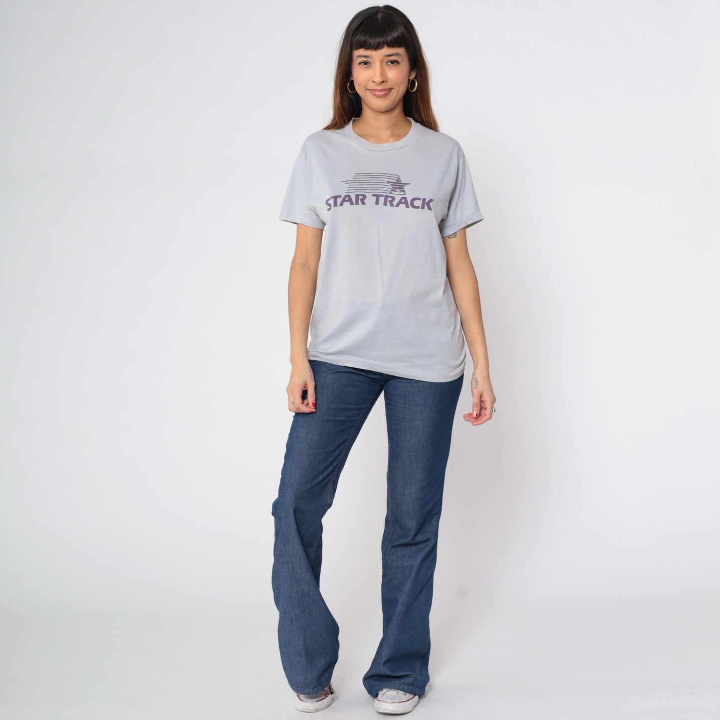 80s Star Track Running Graphic Tee Grey Screen Stars Small Medium