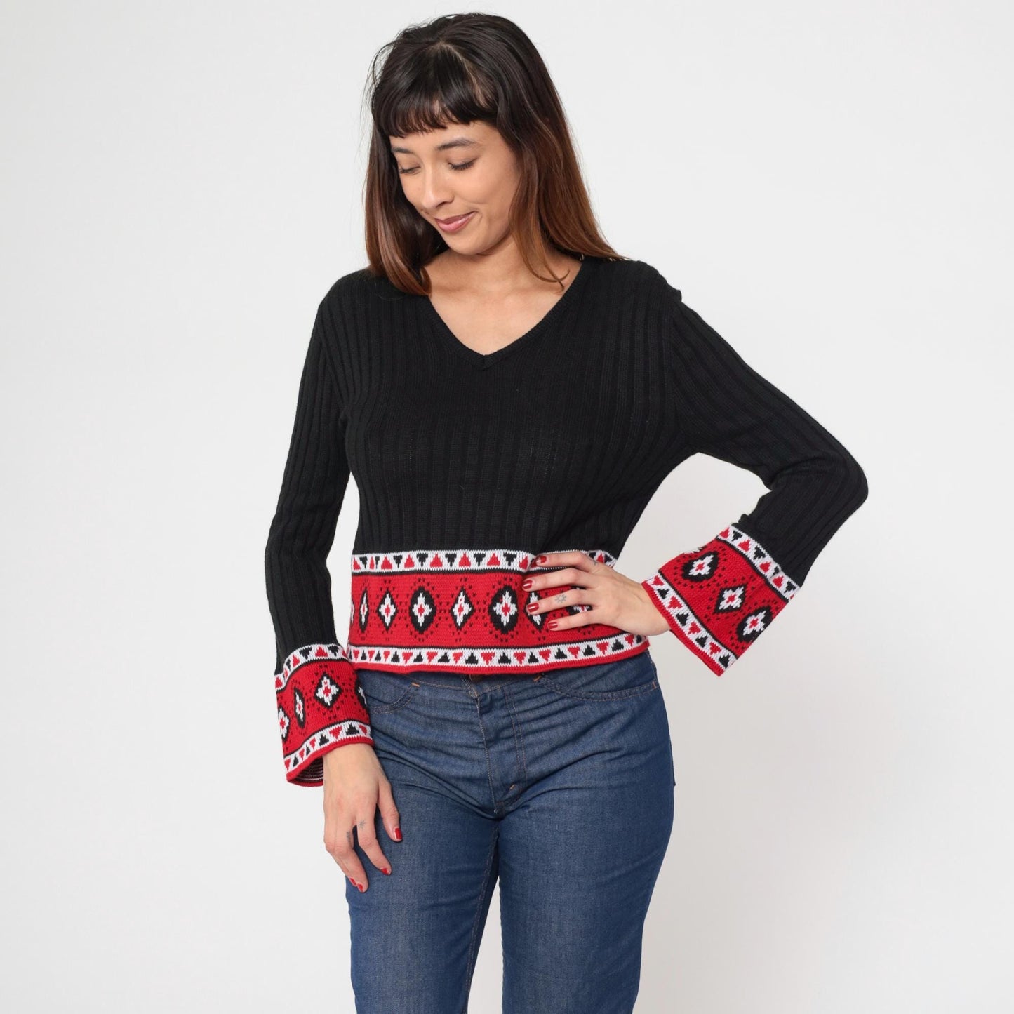 80s LA Express Geometric Bell Sleeve Sweater Black Knit Cropped V-Neck Medium