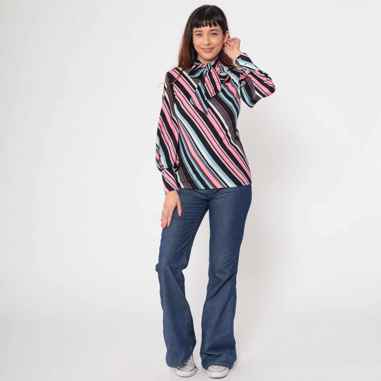 70s The Islander Striped Ascot Blouse Pink Blue Black Long Sleeve Small