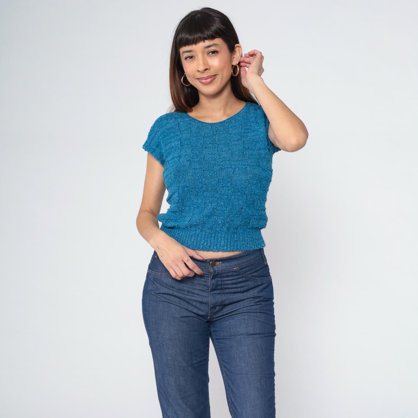 80s Blue Checkered Knit Cropped Top Cap Sleeve Small S