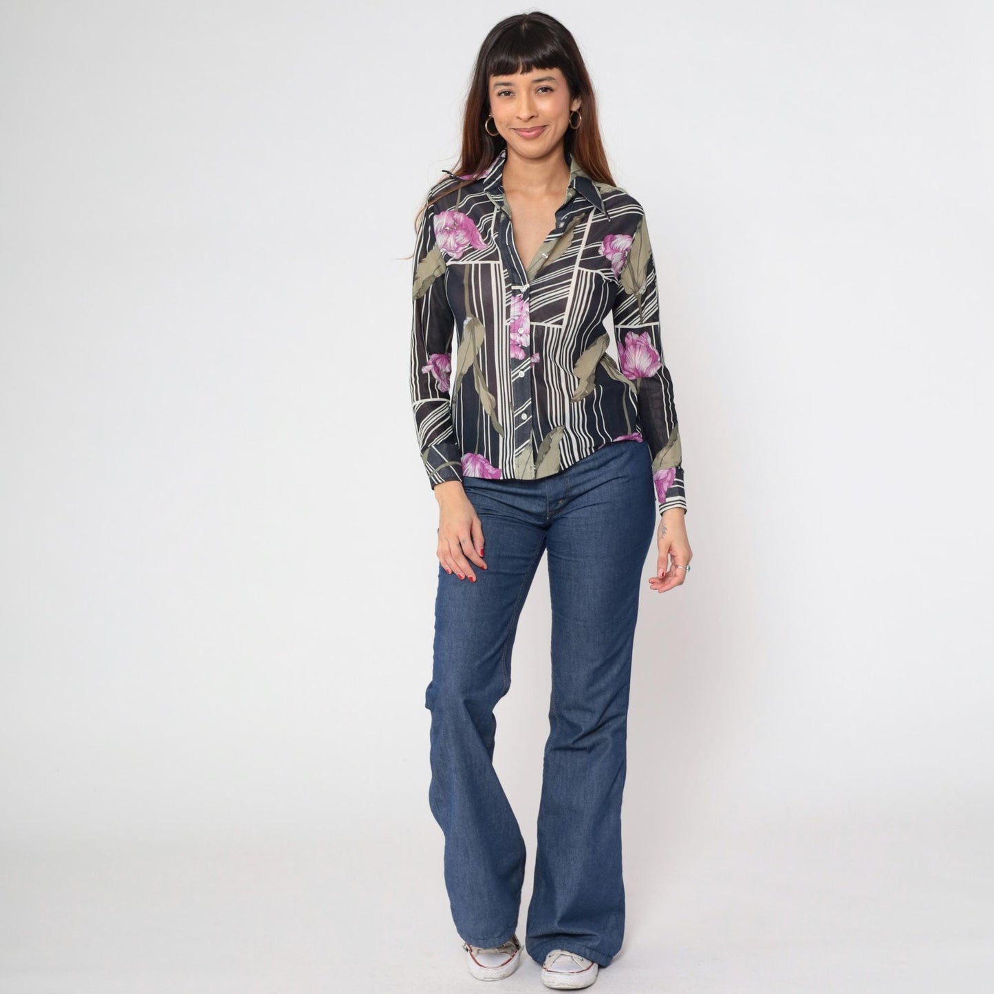 70s Sheer Floral Striped Blouse Black Dagger Collar Button Up Small